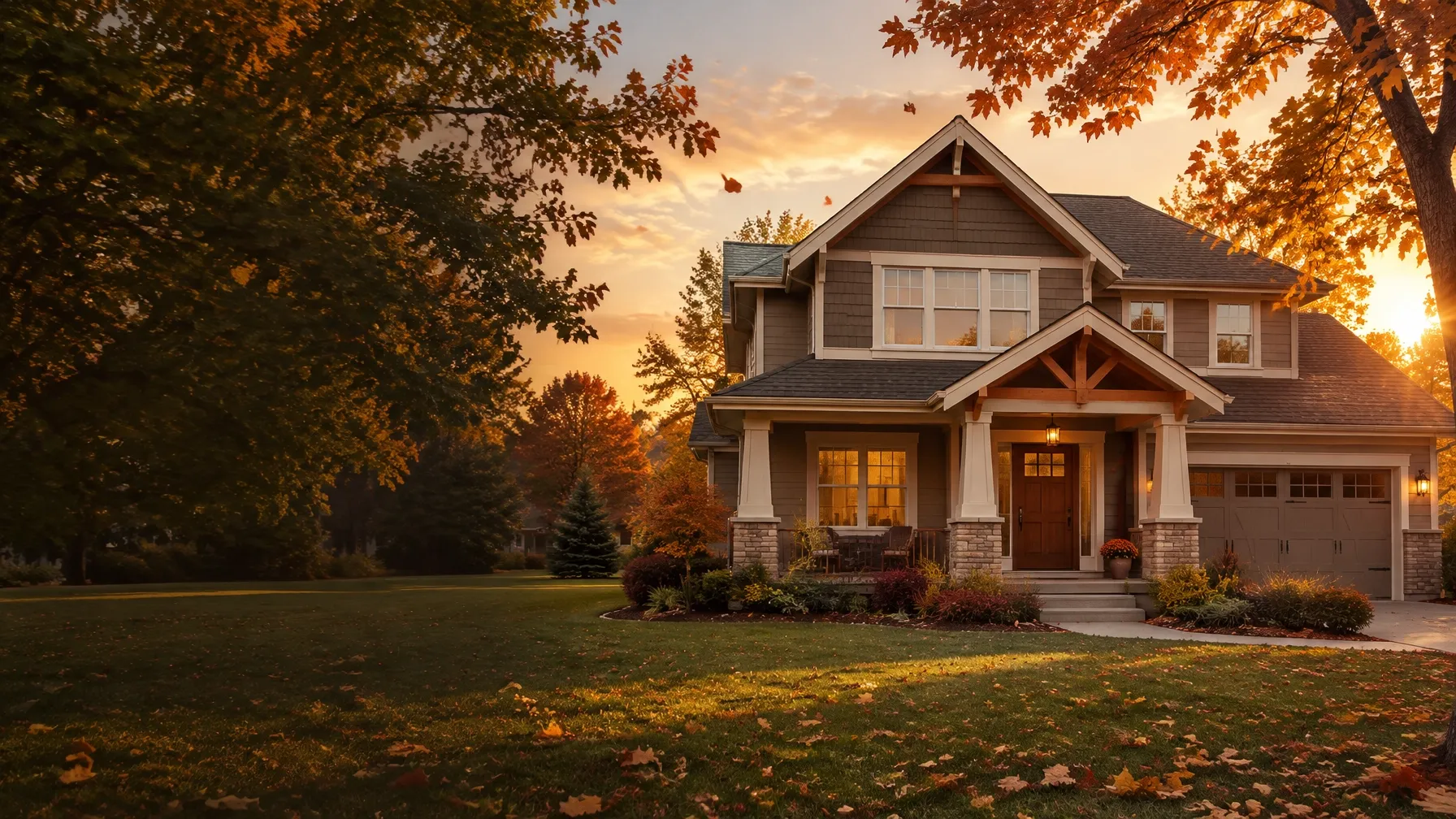 A well-kept home glowing in warm autumn light